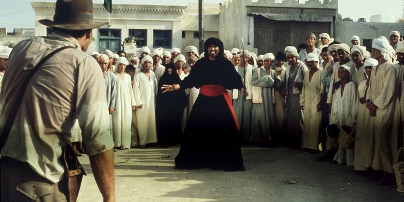 The shootout in Indiana Jones and the Raiders of the Lost Ark
