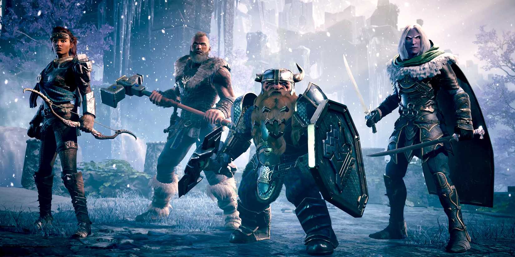 Playable characters in Dungeons & Dragons Dark Alliance - Drizzt, Catti-brie, Bruenor, and Wulfgar