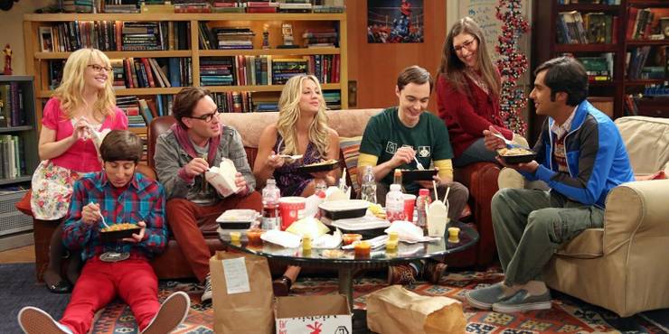 Sheldon with his friends in The Big Bang Theory