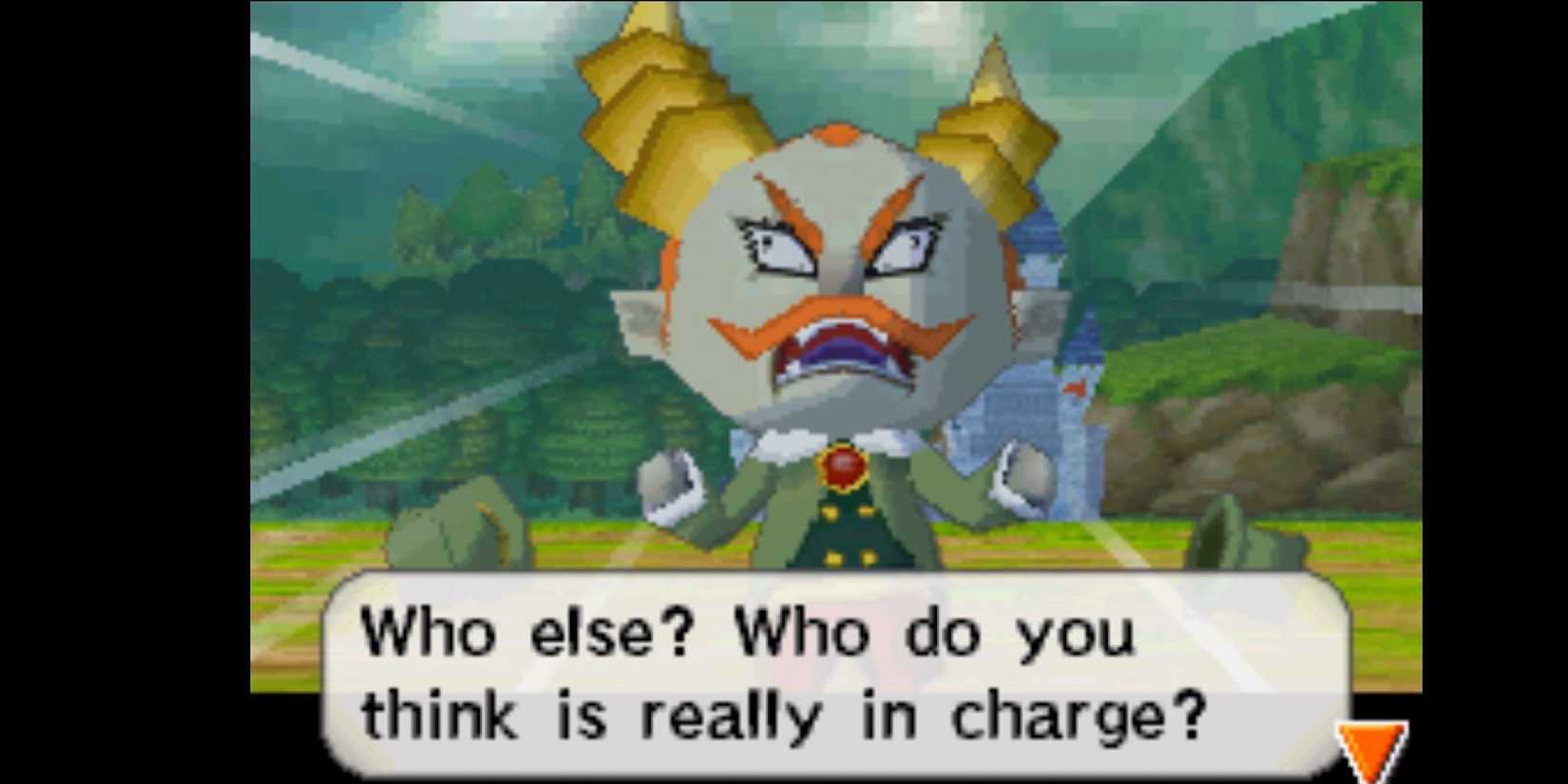 Chancellor Cole, in his demonic form, shouting angrily with his eyes wide and horns bared. 