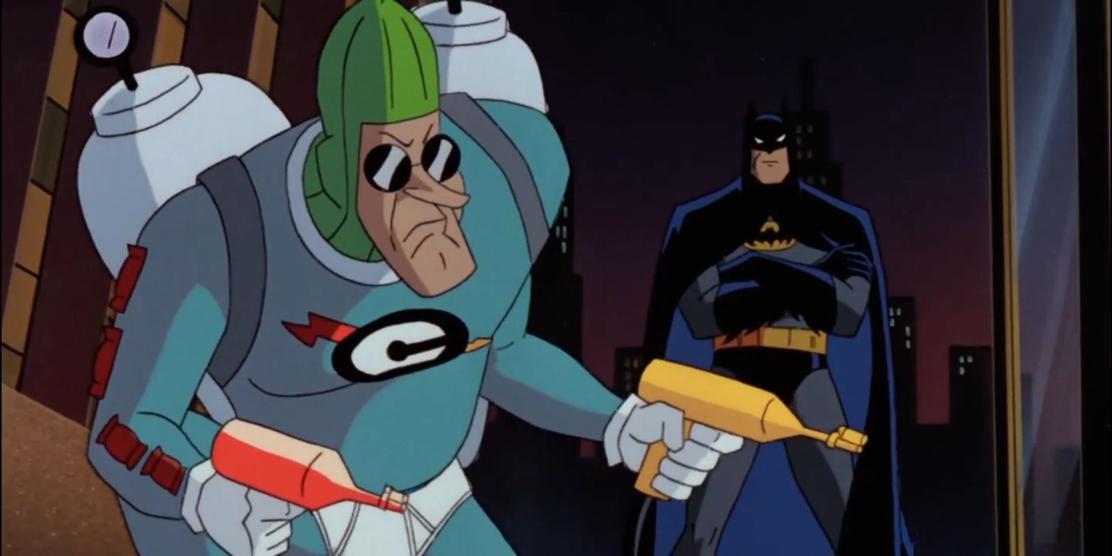Batman scolding Condiment King in Batman The Animated Series