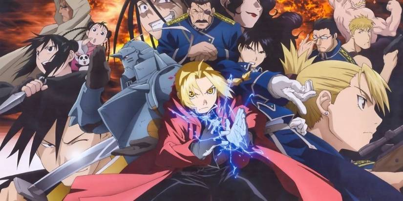 10 Anime Under 100 Episodes That Are Outright Masterpieces 7 Fullmetal Alchemist: Brotherhood key art featuring the main and supporting cast.