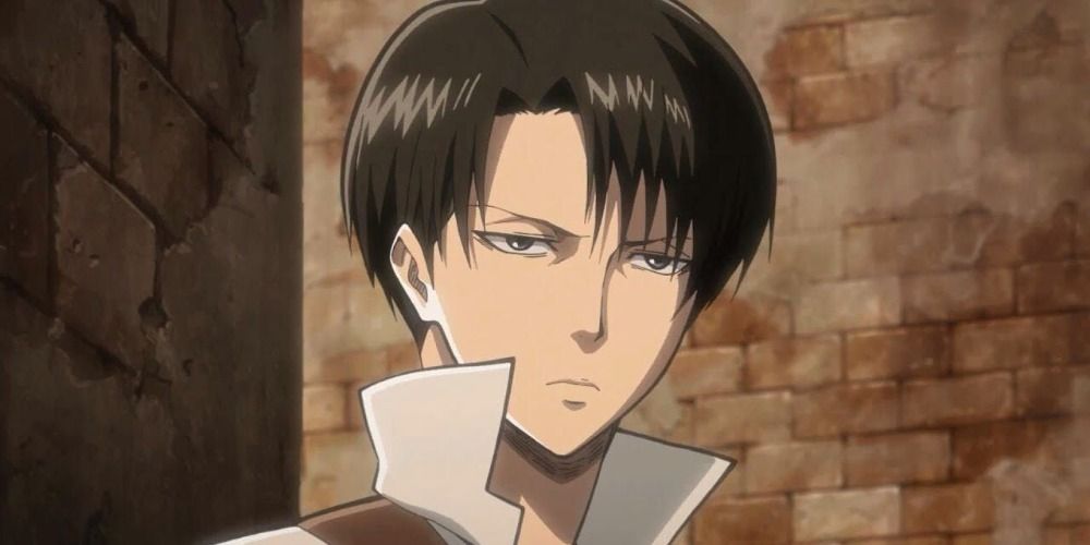 Levi Ackerman from Attack on Titan in a white shirt with the collar popped upright
