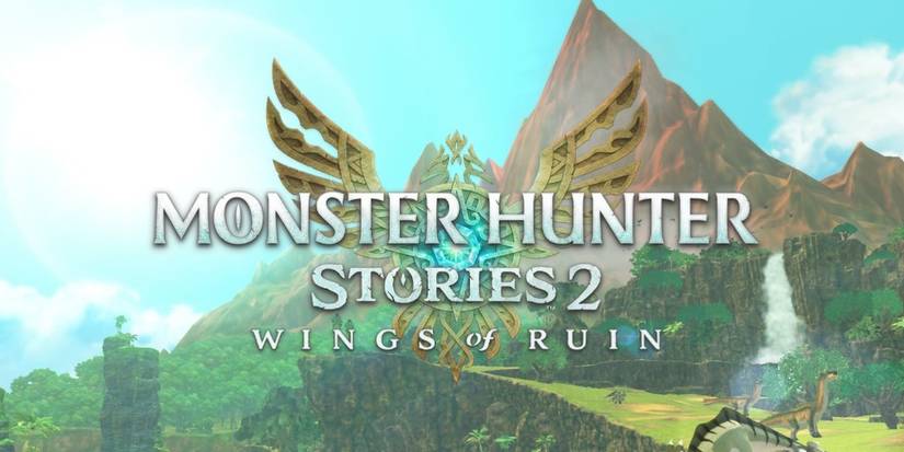 Das Logo von Monster Hunter Stories 2 Wings of Ruin schwebt über einer Landschaftsaufnahme.
