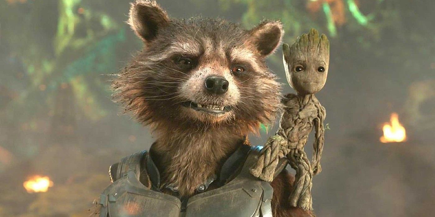Rocket Raccoon with Groot on his shoulder