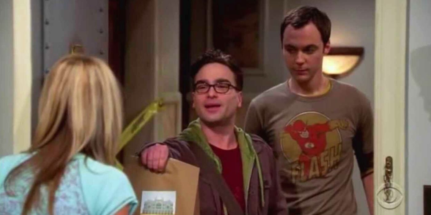 Sheldon and Leonard giving Penny food in the pilot of TBBT