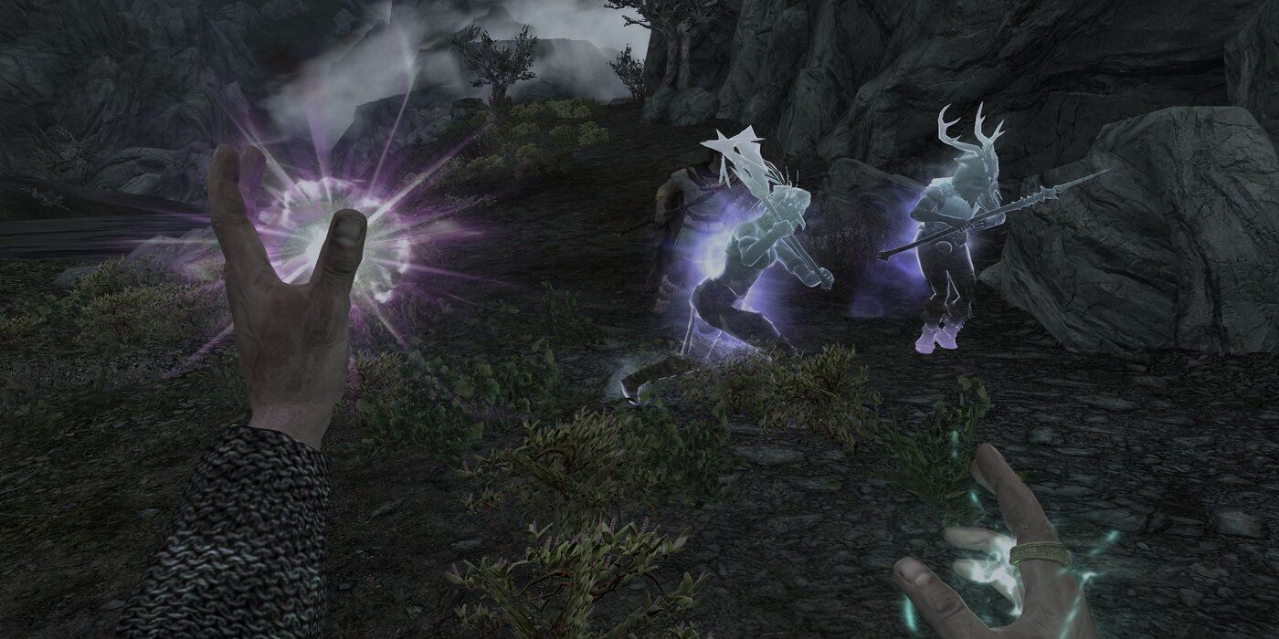 A player in Elder Scrolls V: Skyrim using a mod to make actual Illusion holograms to attack enemies