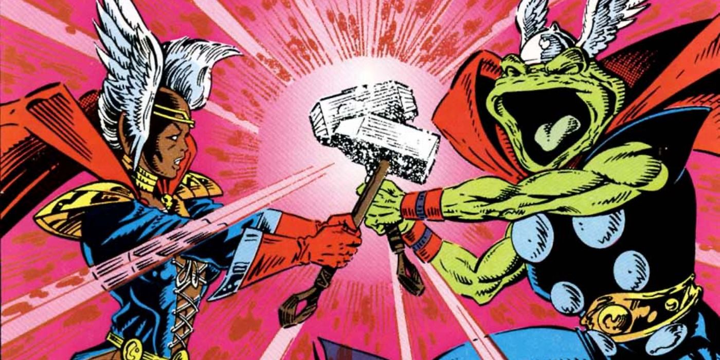 Storm Thor fighting Throg in What If comics