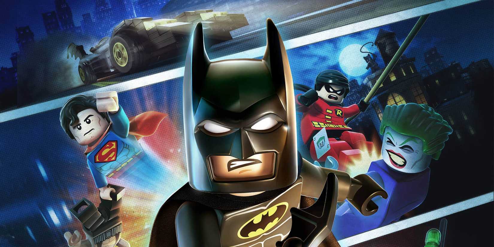 The promo poster for Lego Batman 2 DC Superheroes, showing Batman, Superman, Robin, and the Joker.