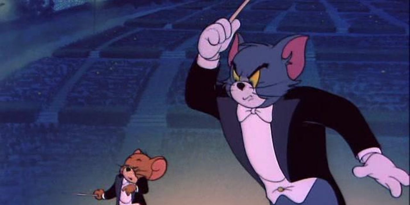 Tom about to hit Jerry with a conductor's stick in Tom and Jerry