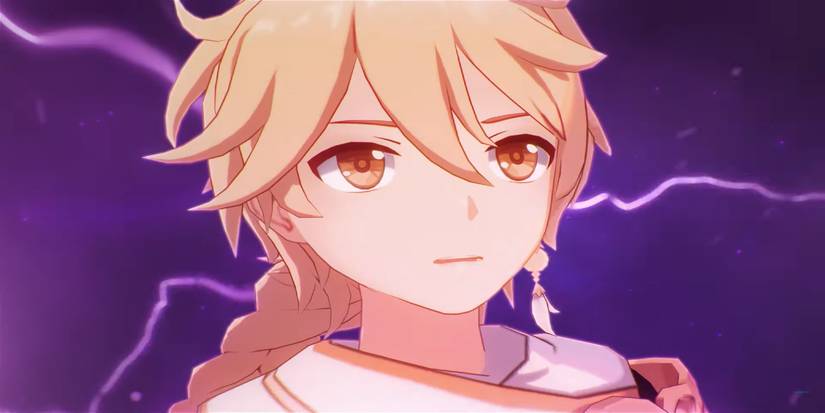 A cose-up of the Traveler against a stormy sky in Genshin Impact 