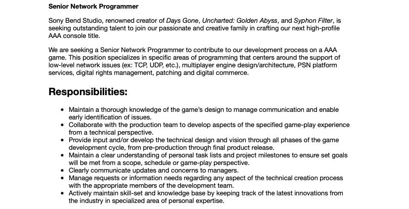 Days Gone Studio S Next Game To Feature Multiplayer Based On Job Posting