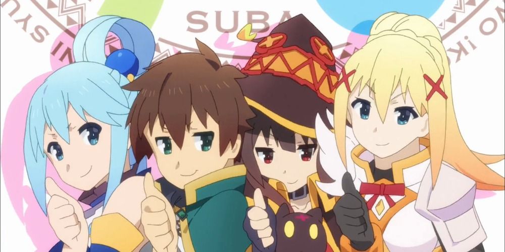 the main characters of KonoSuba smiling and showing thumbs up to the camera