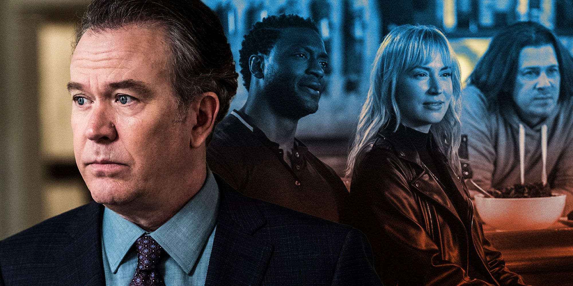 A split screen image of Timothy Hutton and his Leverage cast mates. 