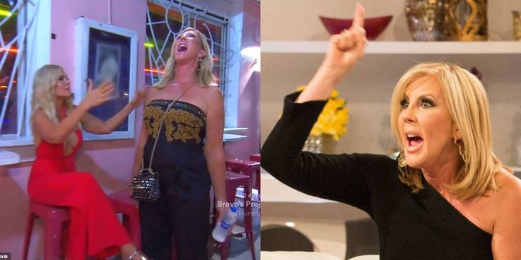 o imagine divizată a lui Vicki Gunvalson certându-se în timp ce cu Tamra și luptând la reuinion