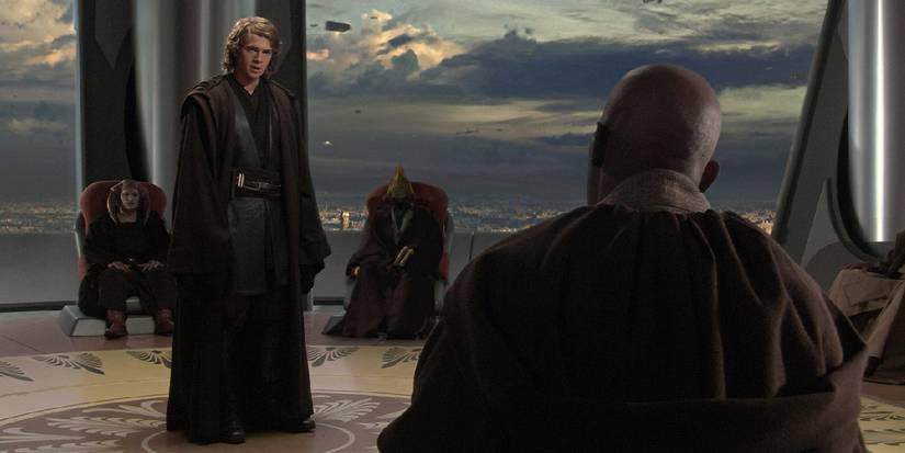 Anakin Skywalker looking angry standing before the Jedi Council in Revenge of the Sith