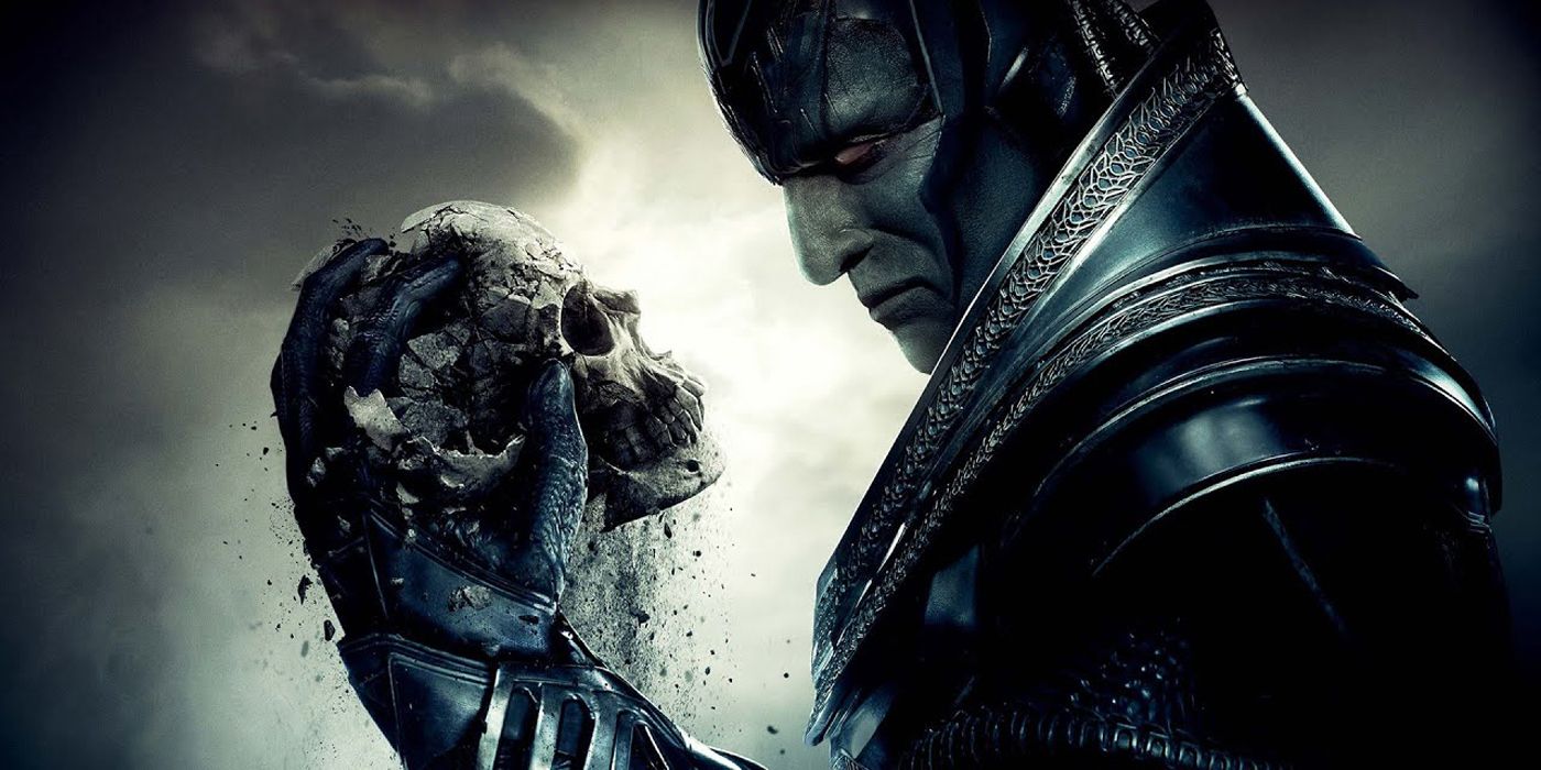 Apocalypse looking at a skull in the X Men movie