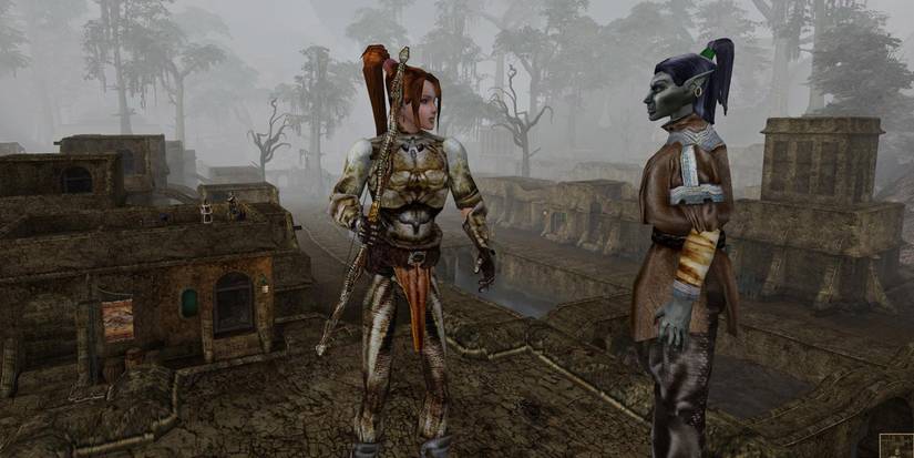 Two warriors talk in a gloomy city in Morrowind