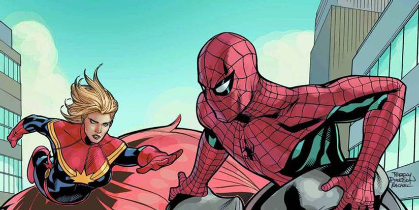 Captain Marvel flying up to Spider-Man.
