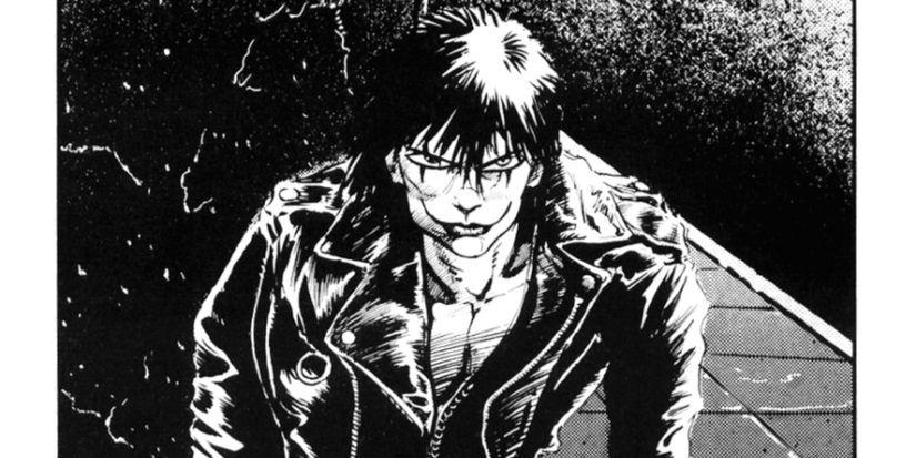 A page from The Crow comic, showing Eric staring up at the night sky.