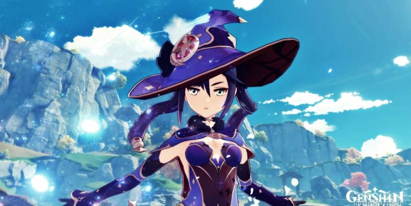 Mona with water splashing around in Genshin Impact