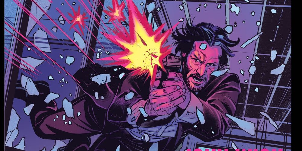 John Wick firing a gun in the comics Cropped