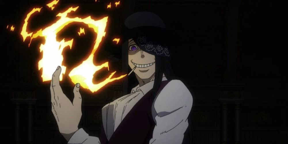 Joker from Fire Force with flames pouring from his hand