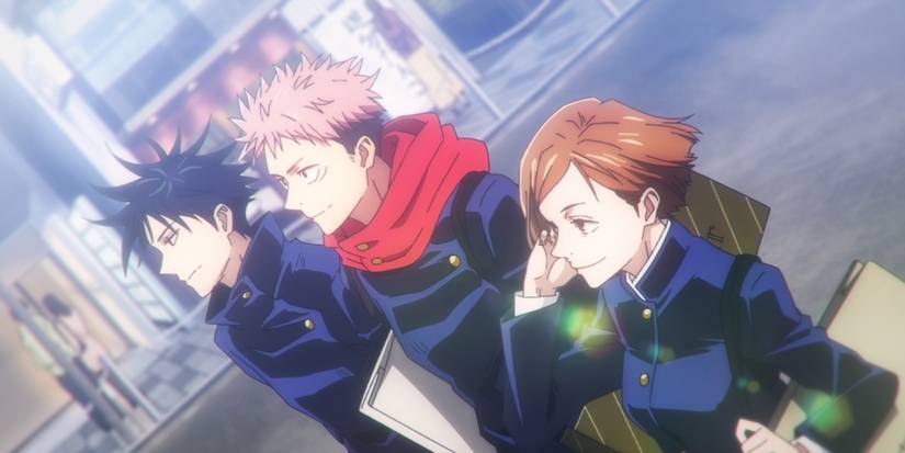 Megumi, Yuji und Nobara gehen und lächeln in Jujutsu Kaisen.