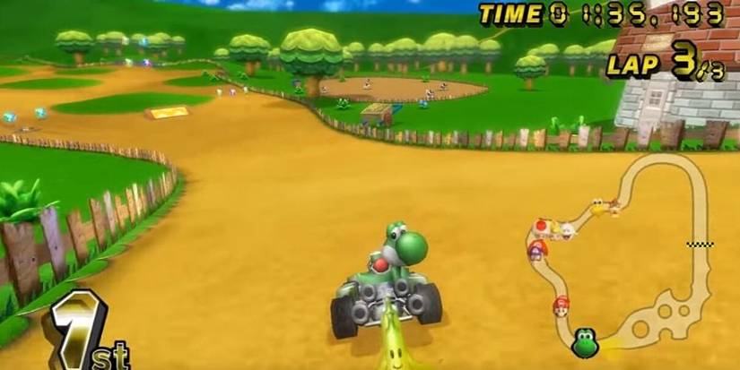 Yoshi throws a banana in Mario Kart Wii