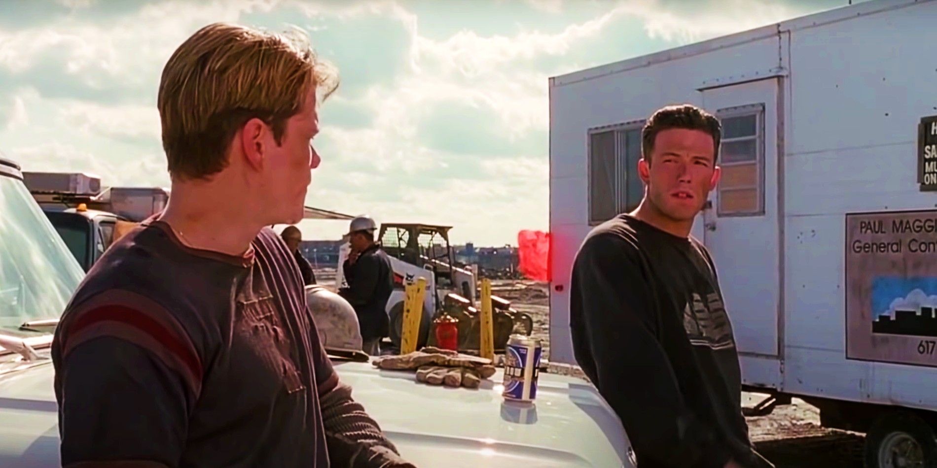 Matt Damon and Ben Affleck lean on a truck in Good Will Hunting.