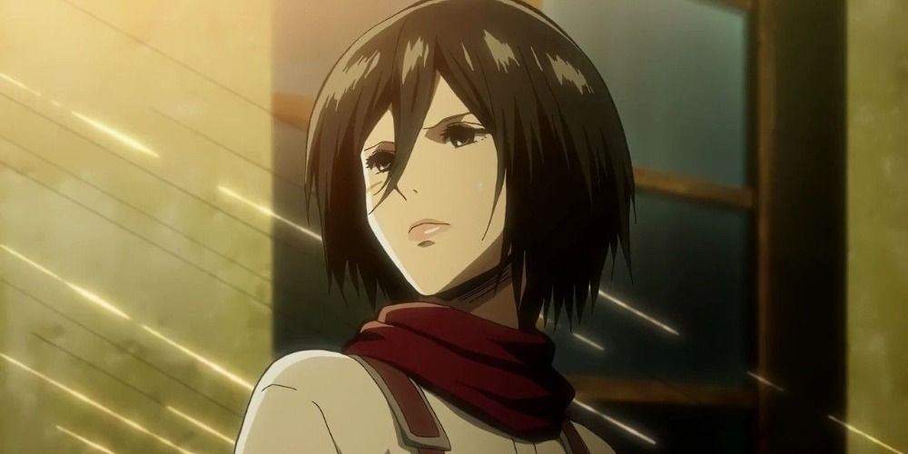 Mikasa from Attack on Titan looking up surrounded by 3D gear wires