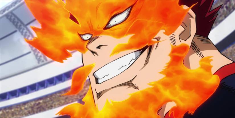 A close-up of the pro hero Endeavor from the My Hero Academia anime series.