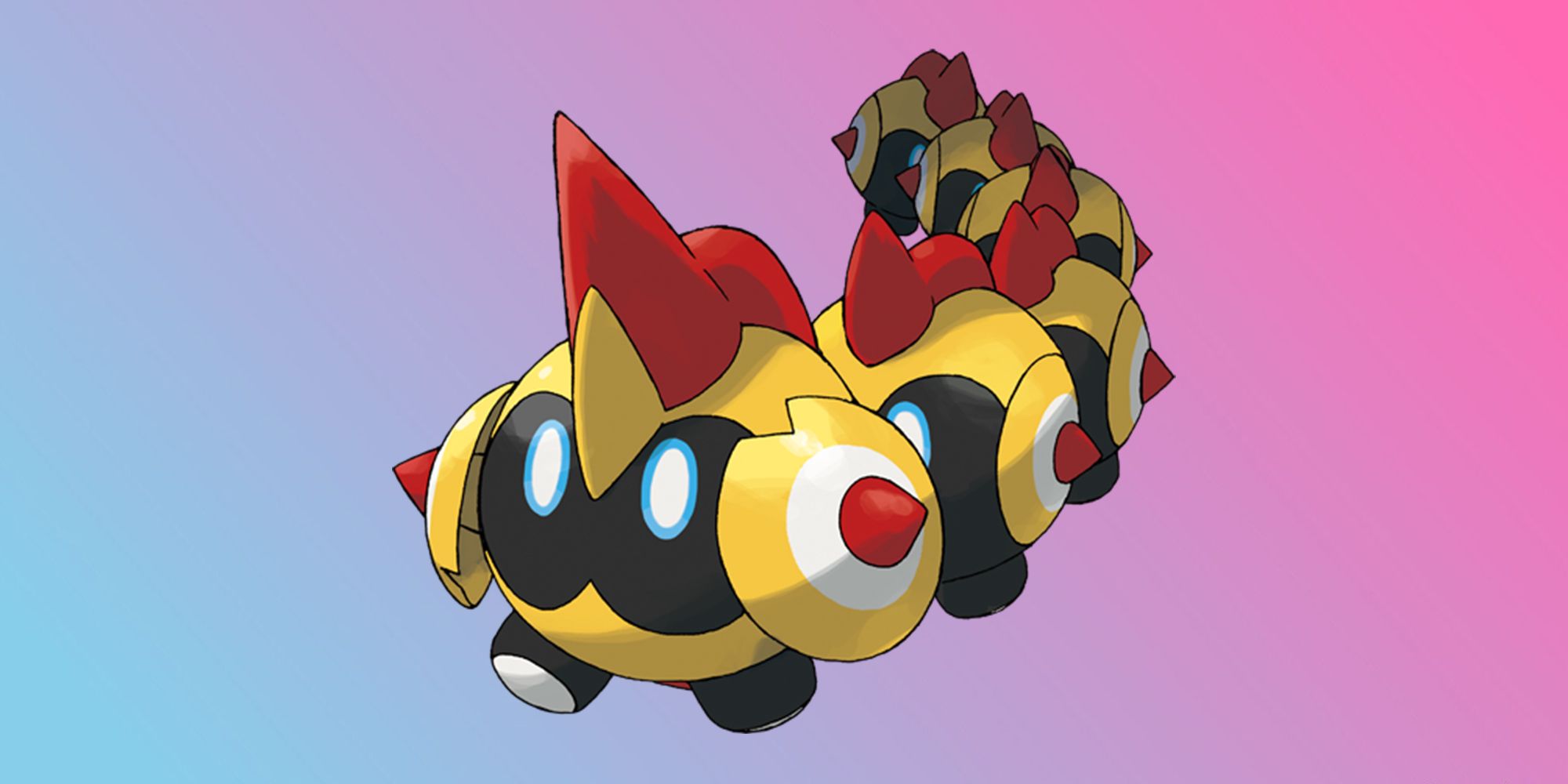 The Pokémon Falinks appears in official artwork in front of a blue and pink gradiant background