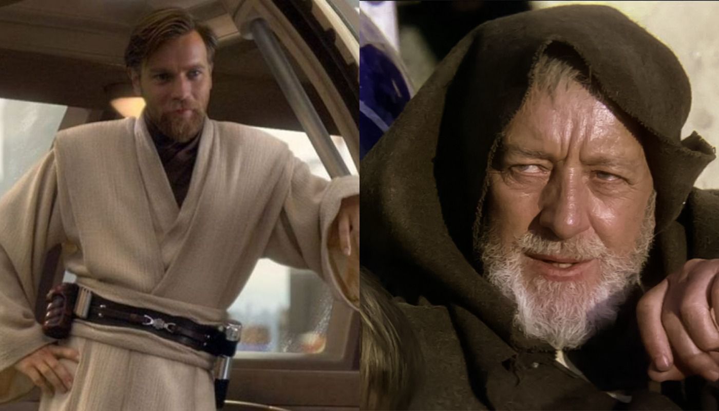 Split image of Obi Wan Kenobi in Revenge of the Sith and A New Hope