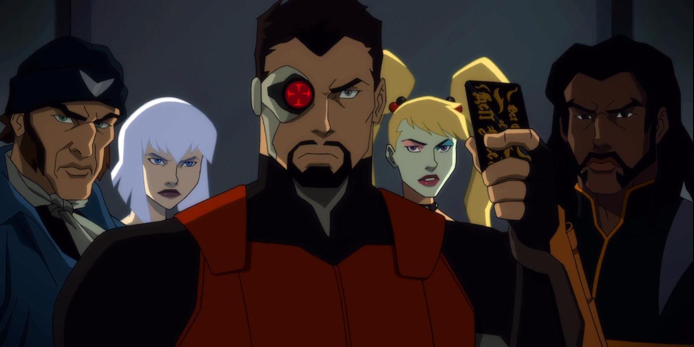 Task Force X in an elevator with Deadshot holding the magic card in Suicide Squad: Hell To Pay