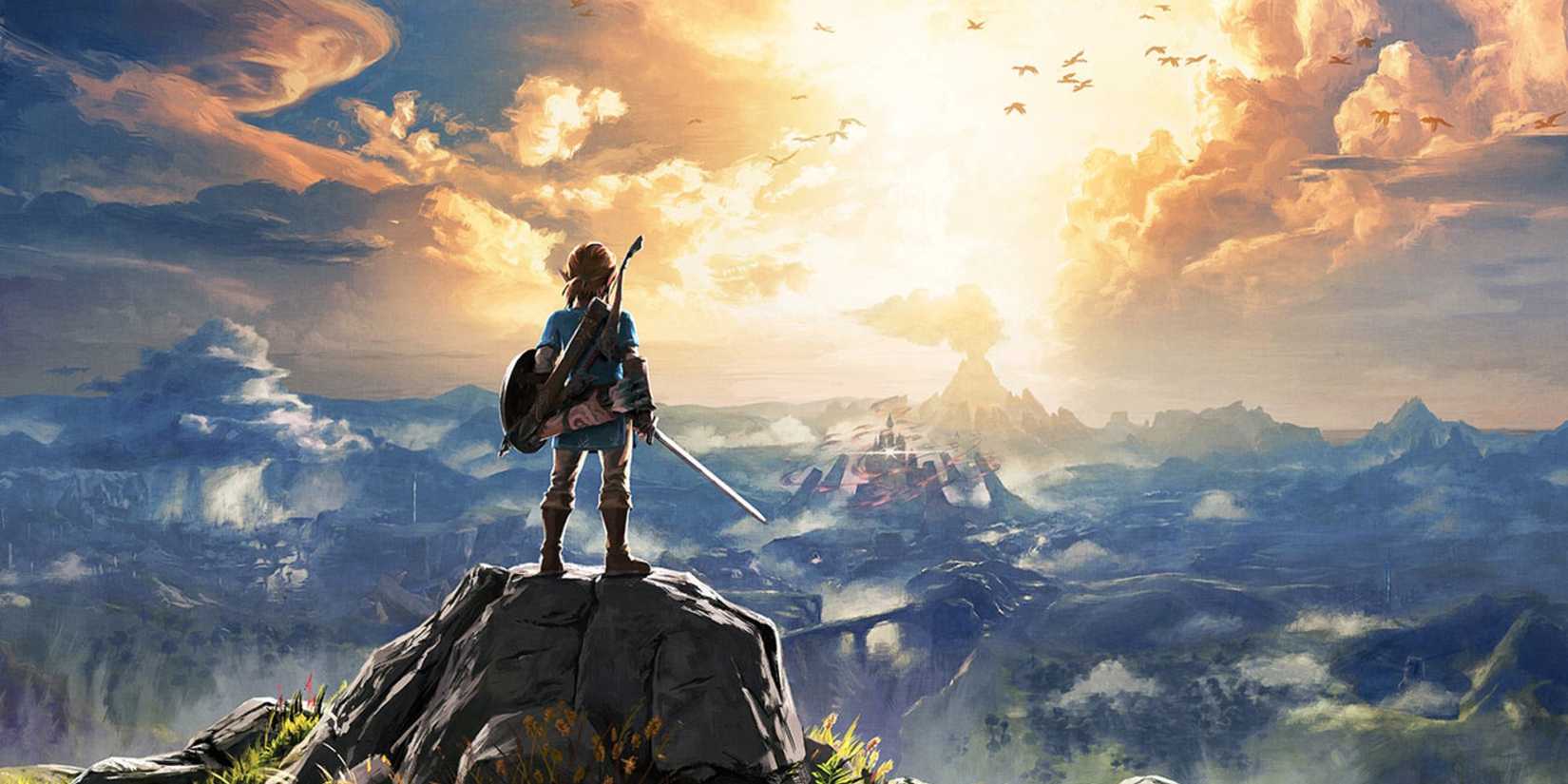 Link stands atop a cliff in key art for The Legend of Zelda: Breath of the Wild.