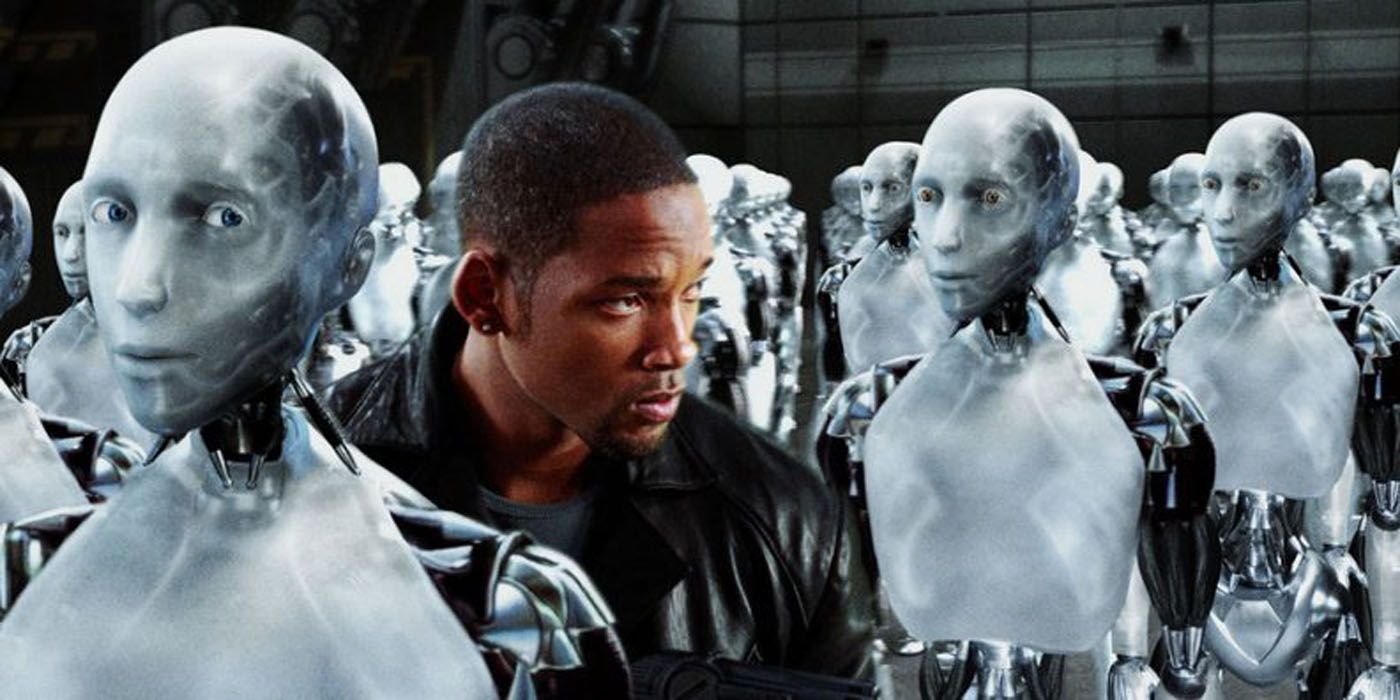 Will Smith walking through a batch of robots in I Robot