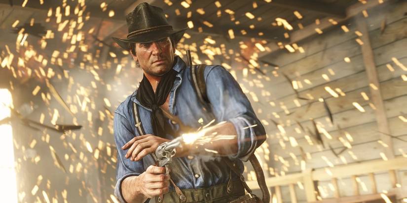 Arthur firing a revolver in Red Dead Redemption 2.