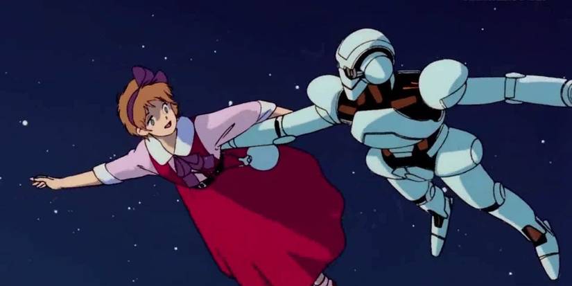 A woman and a robot flying at night in a still from Robot Carnival 