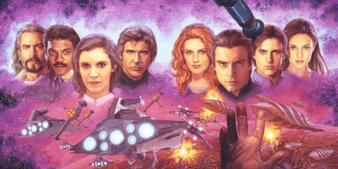 Cover art for The New Jedi Order trilogy featuring the main characters and a spaceship fight