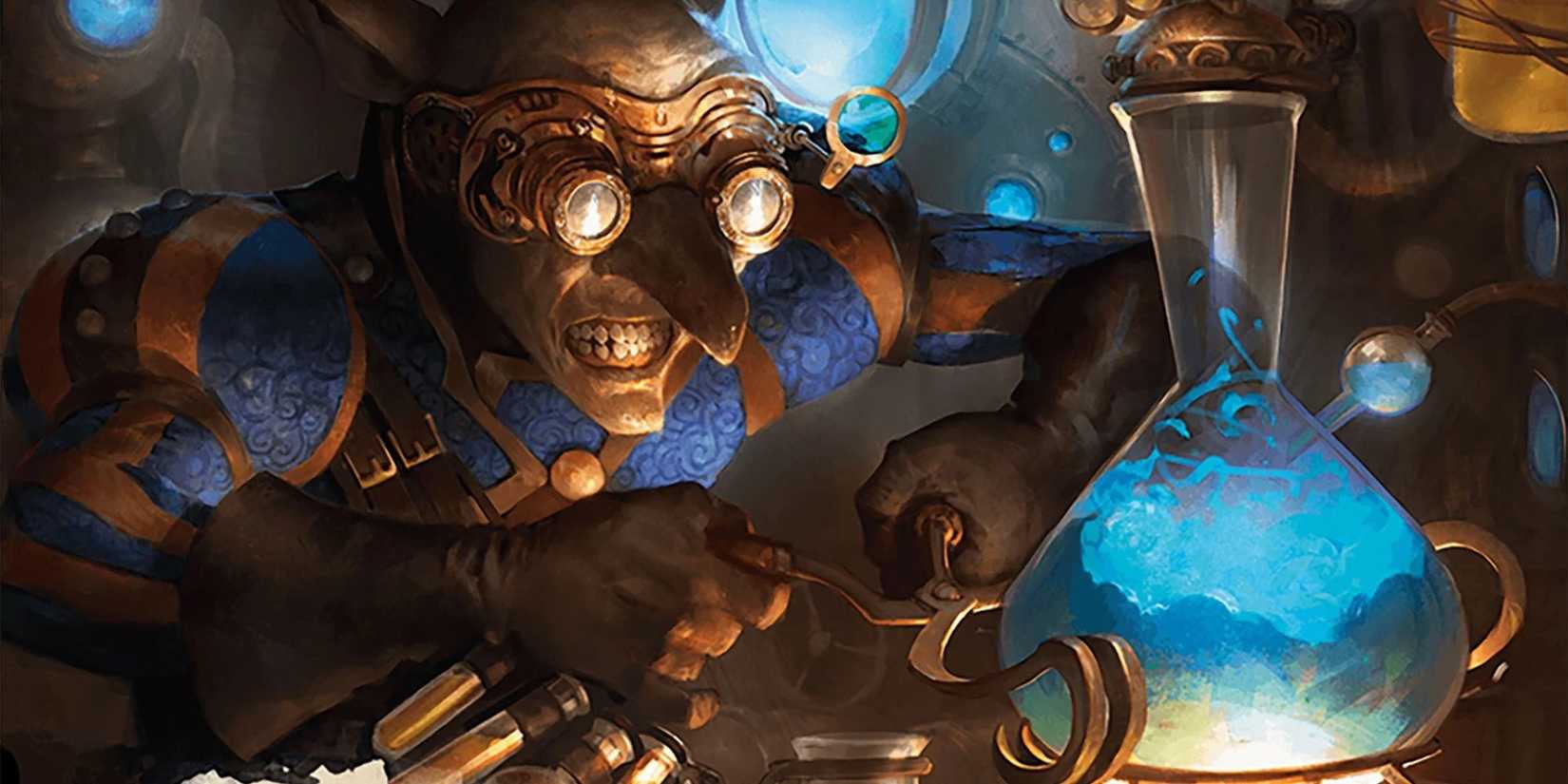 An alchemist goblin in DnD reaching with forceps toward a bubbling flask.