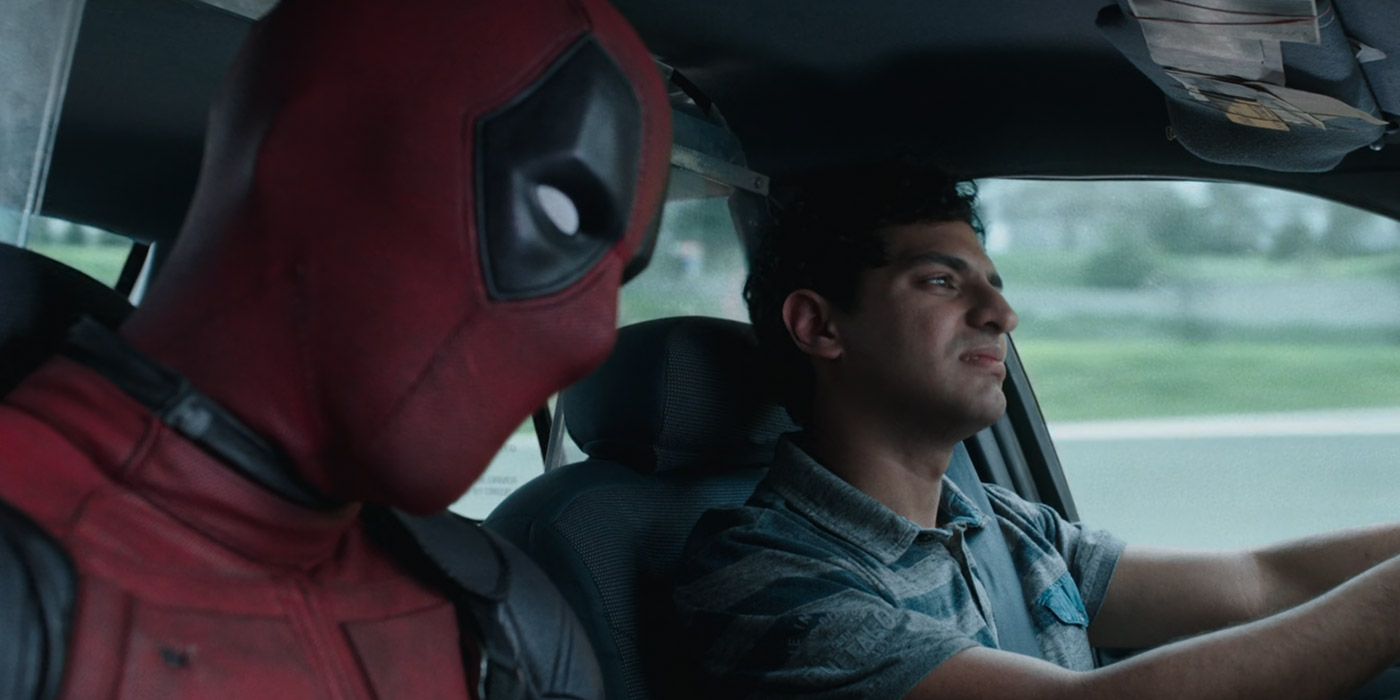 Deadpool talks while riding in Dopinder's cab in Deadpool.