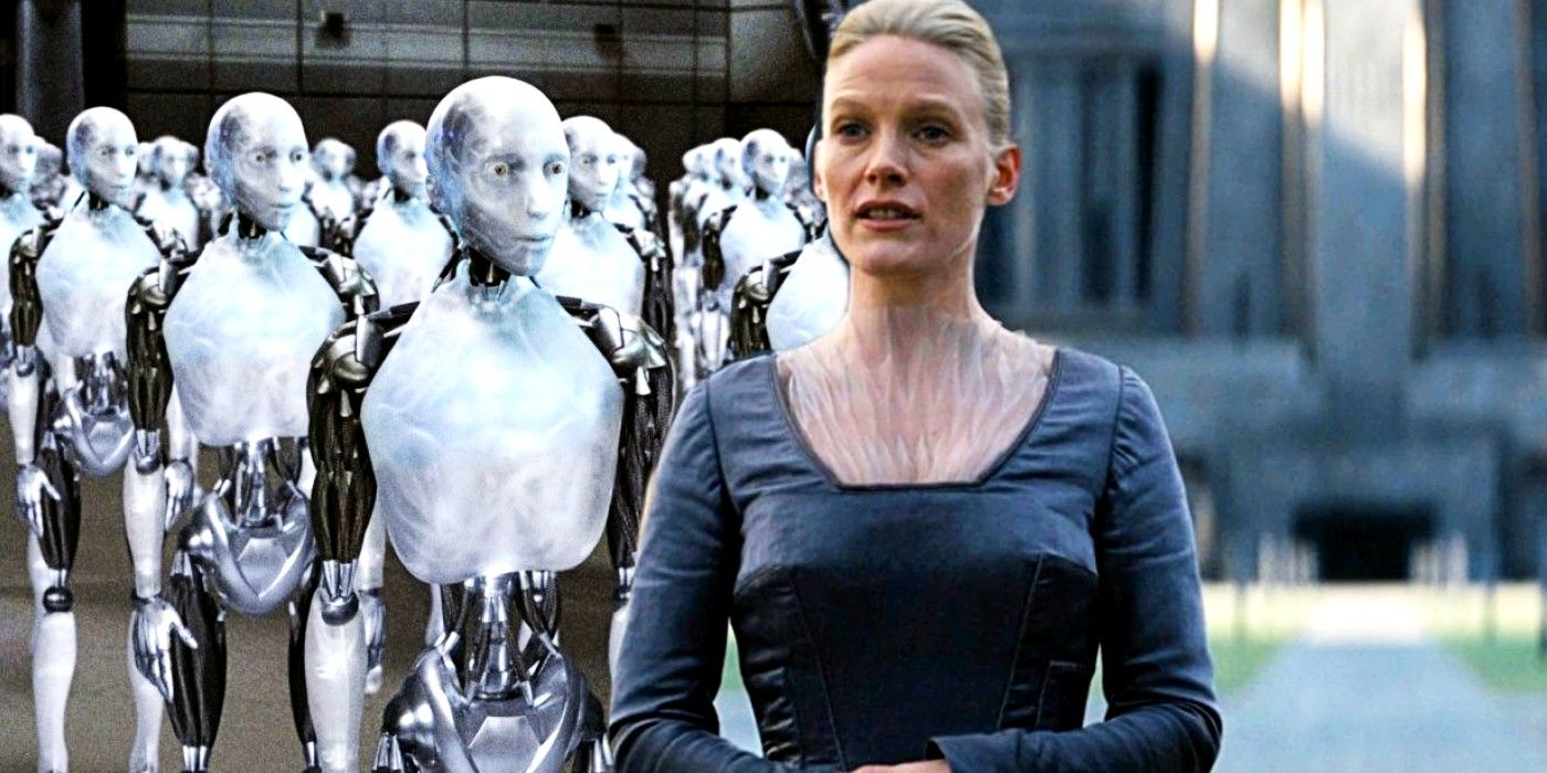 Laura Birn as Lady Demerzel standing in front of the robots from I, Robot