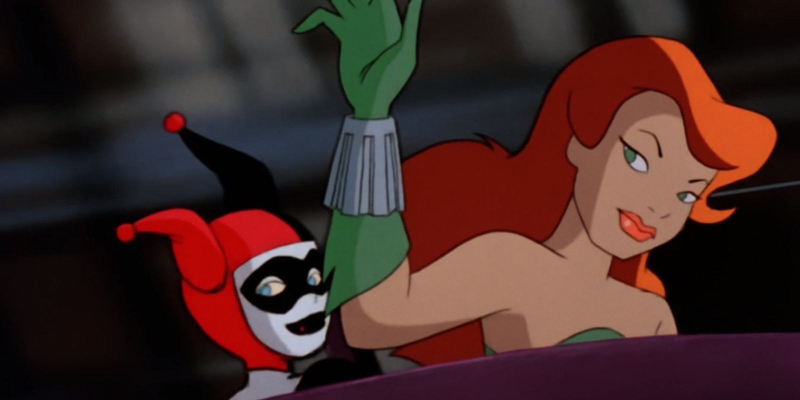 Harley Quinn and Poison Ivy making a getaway in Harley Ivy of Batman The Animated Series