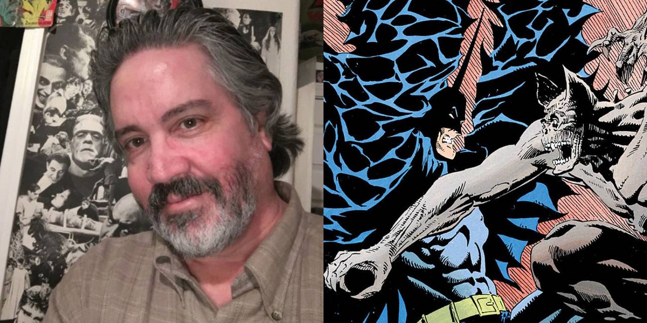 Split image showing comic book artist Kelley Jones and a panel from Batman & Dracula: Red Rain