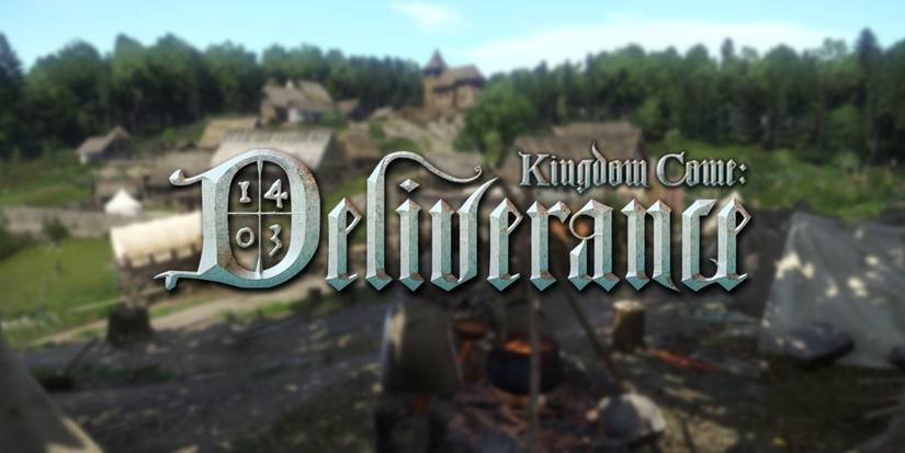 Kingdom Come Deliverance-Logo auf verschwommener Landschaft