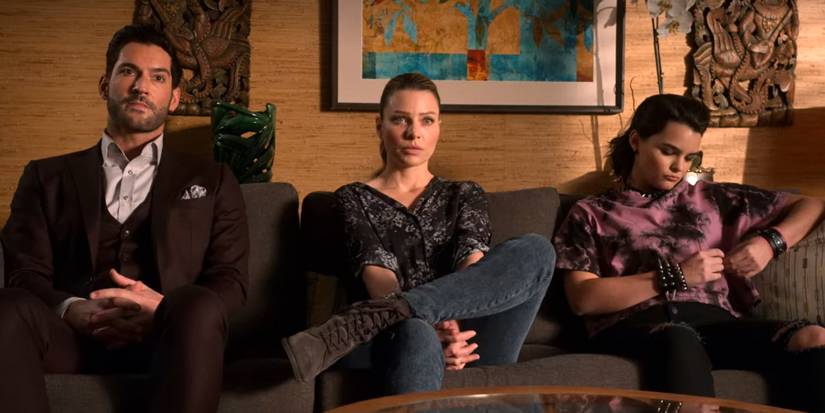 Lucifer, Chloe, and Rory on Dr. Linda Martin's couch in Lucifer