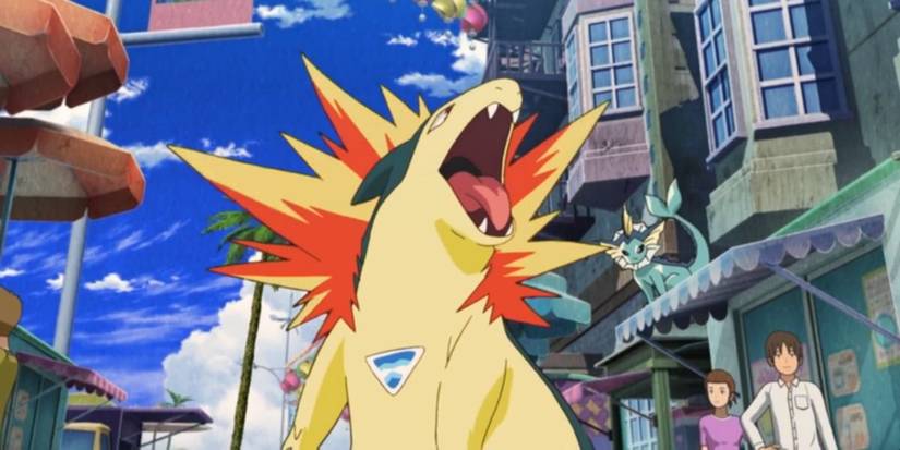 A Typhlosion roars in a crowded village in the Pokémon anime.