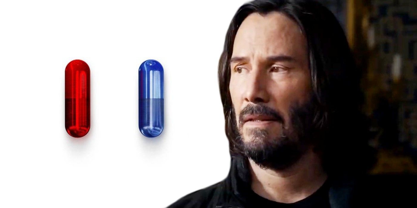 Red blue pills as Keanu Reeves as Neo Thomas in Matrix Resurrections