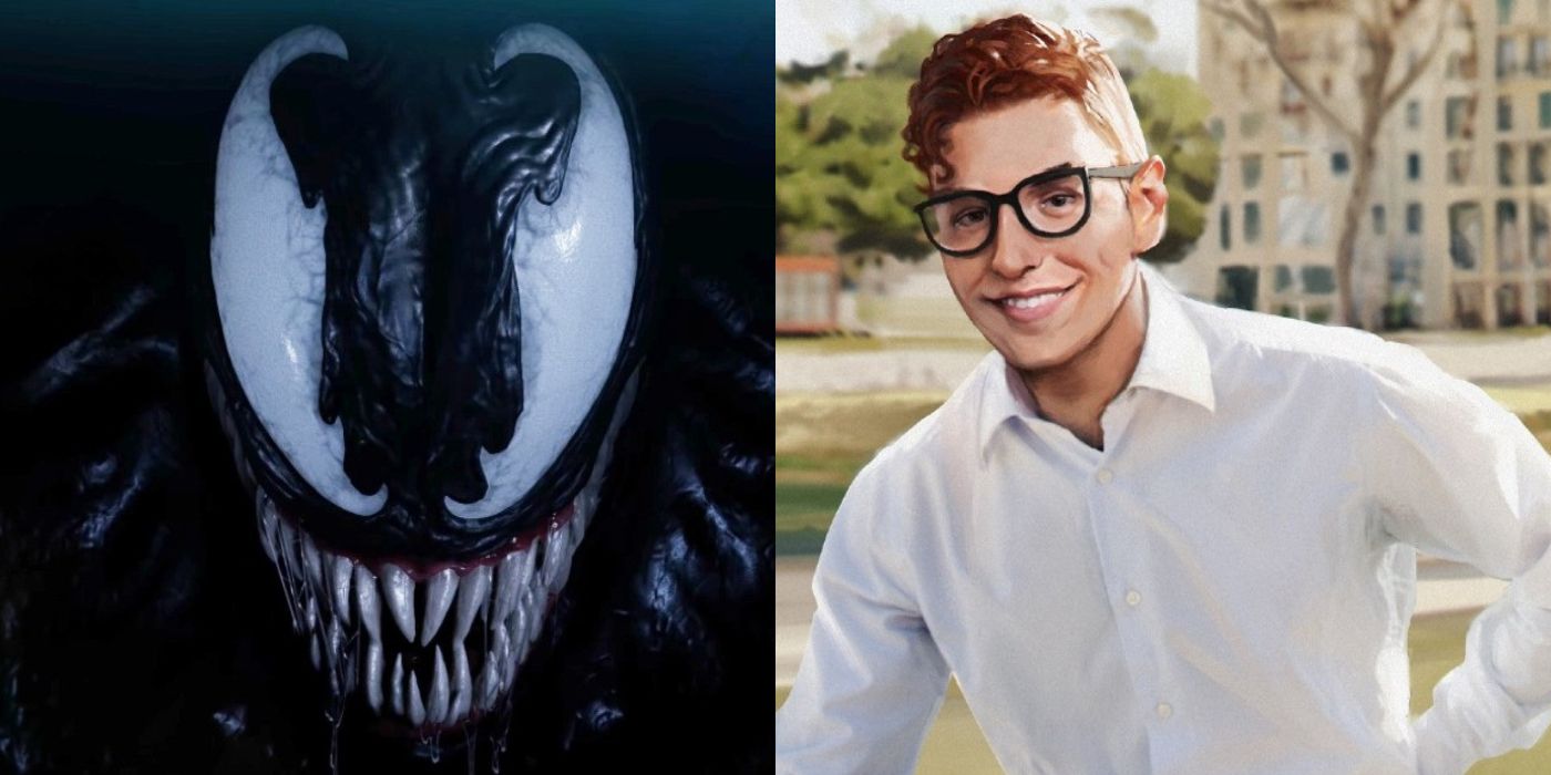 A split image showing Venom on the left, and Harry Osborn on the right.